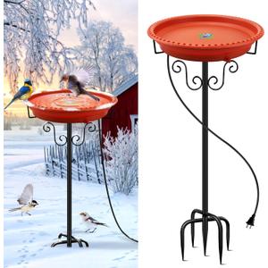Lovppy Heated Bird Baths for Outdoors for Winter, 100W Heated Bird Bath Water Heater with Thermostatically Controlled, Heated Bird Baths Bowl with Metal Stake for Outside Garden Patio Yard (Brown)