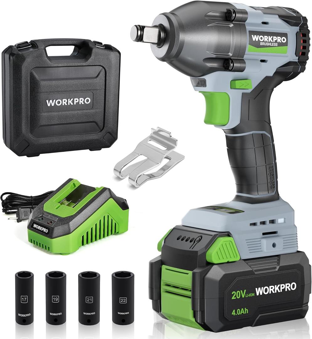 WORKPRO Cordless Impact Wrench 1/2 inch, 20V Brushless Impact Gun, High Torque 370 Ft-Lbs (500N.M), Variable Speeds, with 4.0 Ah Battery, Fast Charger, 4 Impact Sockets and Storage Case