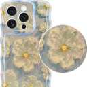 Jusy Compatible with iPhone 13 Pro, Colorful Retro Oil Painting Printed Flower Laser Glossy Pattern Cute Curly Wave Phone Case Soft TPU Cover for Girly Women -Light Blue