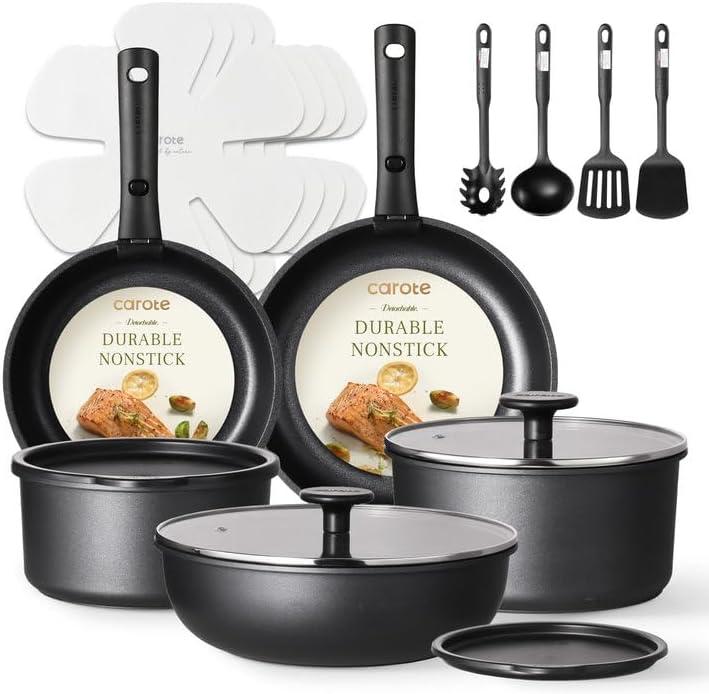 CAROTE Pots and Pans Set Non Stick, Cookware Set Detachable Handle, Nonstick Induction Kitchen Sets Non Stick with Removable Handle, RV Cook Ware, Oven Safe, Black (19 pcs Granite Set)
