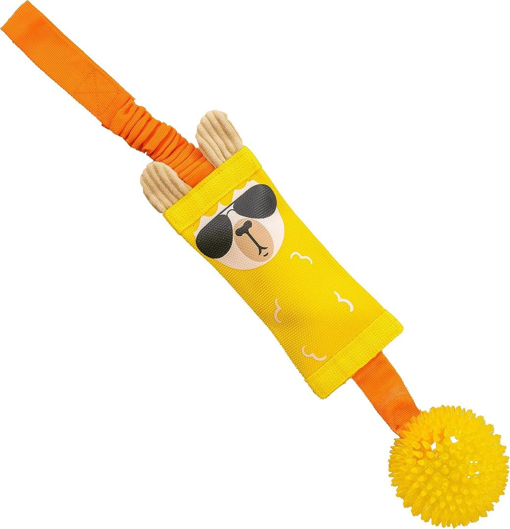 Outward Hound Fire Biterz Tugz Yellow Llama Durable Firehose Dog Tug Toy with Squeaking Ball