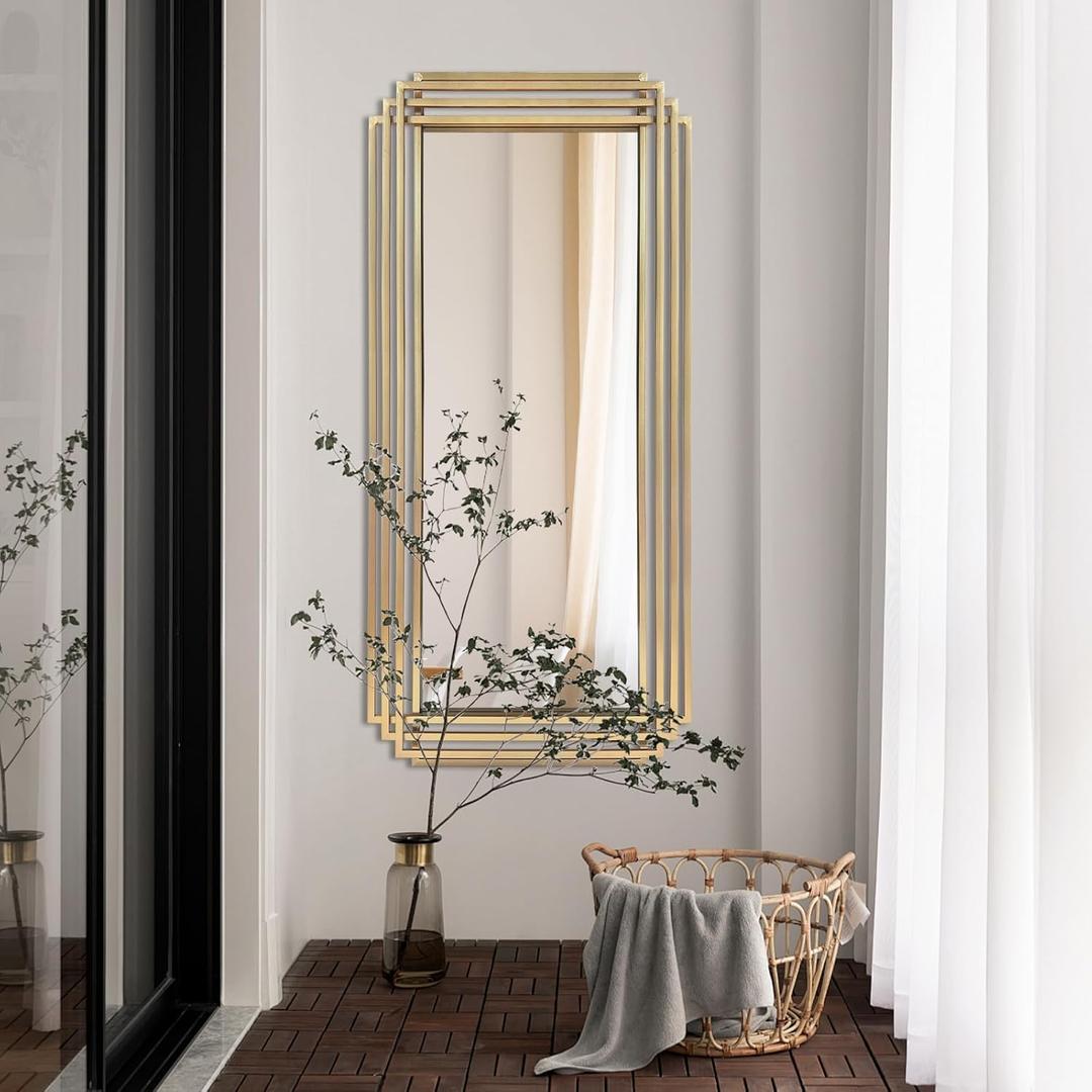 Gold Rectangle Mirror, 47"x22" Geometric Art Deco Mirror with Metal Frame, Modern Elegant Wall Mirrors for Living Room Bathroom Bedroom Entryway Hallway, Hangs Vertically or Horizontally