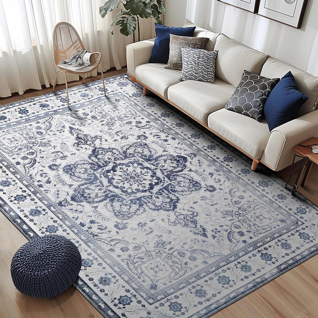 Boho Rug Washable 8x10 Area Rugs for Living Room Large Machine Washable Rug Stain Resistant Non-Slip Backing Rugs for Bedroom,Ultra Soft Vintage Large Area Rug (Blue,8x10ft)