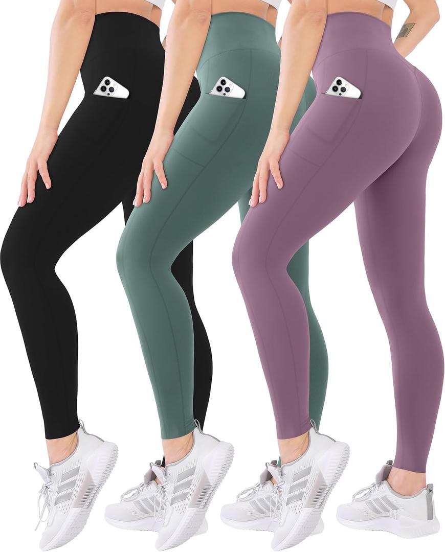 Blisset 3 Pack High Waisted Leggings for Women with Pockets Soft Active Tummy Control Pants for Yoga Running & Daily Wear (Large-X-Large, 011-Black/Blue/Purple)
