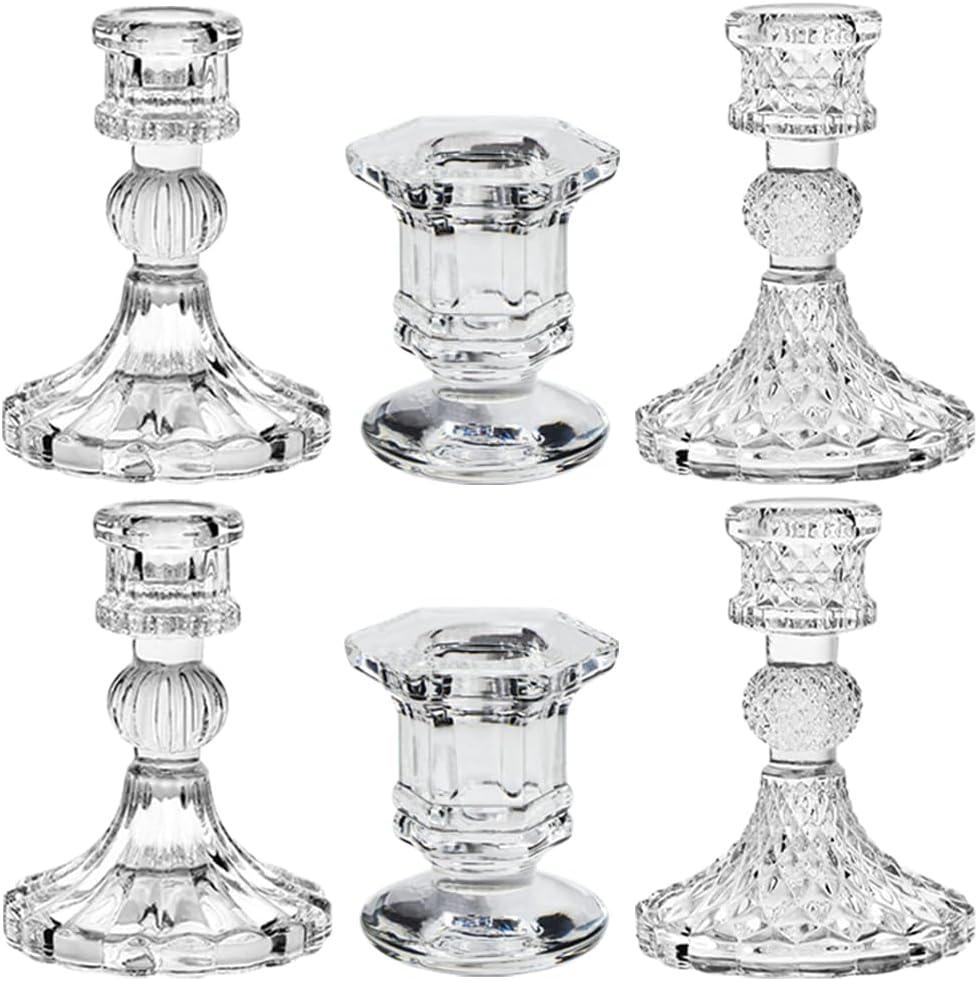 Glass Candlestick Holders Set of 6, Taper Candle Holder for Wedding Festival Christmas Party Valentine's Decor, Table Centerpieces