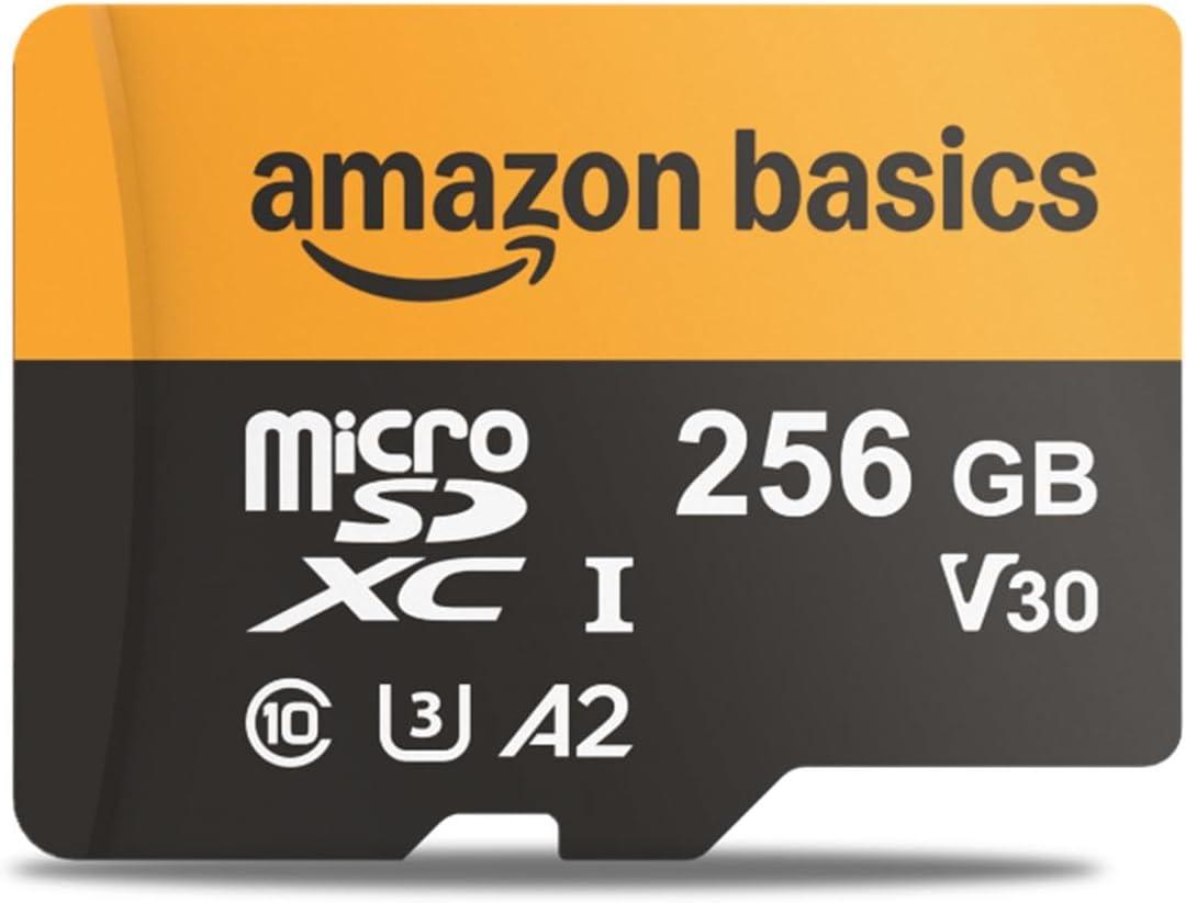 Amazon Basics 256GB microSDXC Memory Card with Adapter for Action Cameras, Full HD, Drones, Tablets, Smartphones, Read Speed Up to 200MB/s, 1-Pack