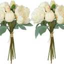 TOCHGREEN Artificial Peonies Silk Flowers 2 Bouquets Vintage Fake Peonies 14pcs Heads Faux Peony Flowers with Stems for Home Wedding Table Decoration Bridal Bouquet Floral Arrangement (White, 2PCS)