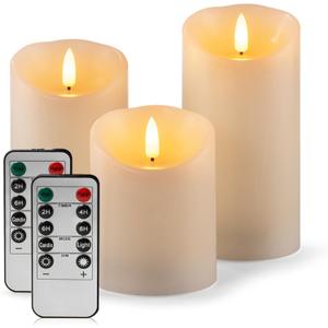 Flameless Candles Battery Operated Pillar Real Wax Electric LED Flashing Candle Sets with Remote Control Cycling 24 Hours Timer, 4" 5" 6" Pack of 3 (Ivory)
