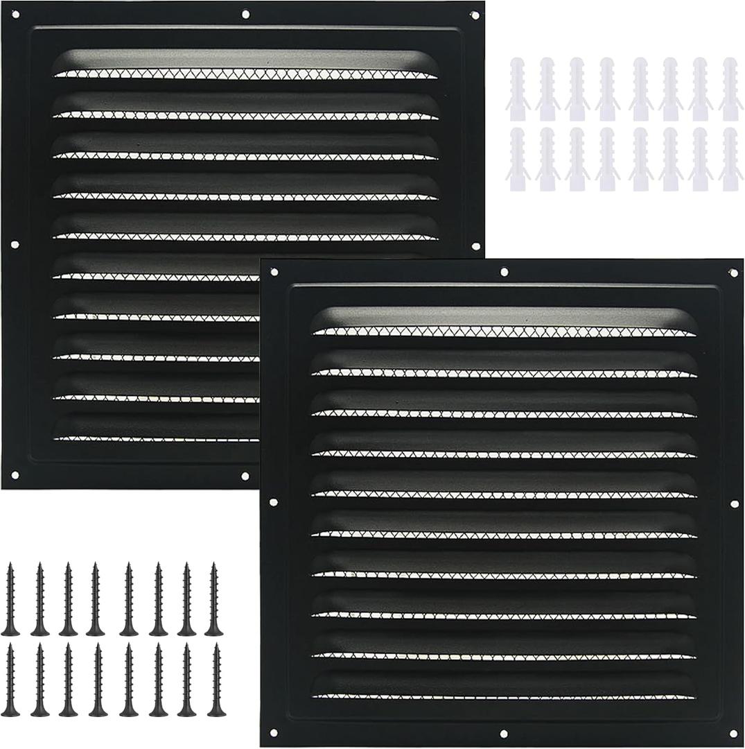 2pcs Attic Vent Soffit Vent Aluminum Wall Vent Metal Shed Vent Square Vent Louver Vent Grille with Built-in Insect Screen for Exterior Door House Attic Garage Ceiling (Black 12" x 12"-2 Pack)