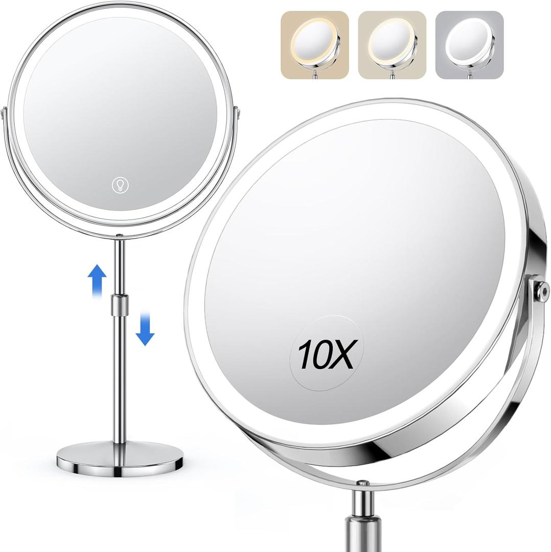 UBYMET Lighted Makeup Mirror, Rechargeable Height Adjustable Double Sided, 1x/10x Magnifying with 3 Color, Brightness Adjustable, 360 Rotation Vanity, Gift for Women