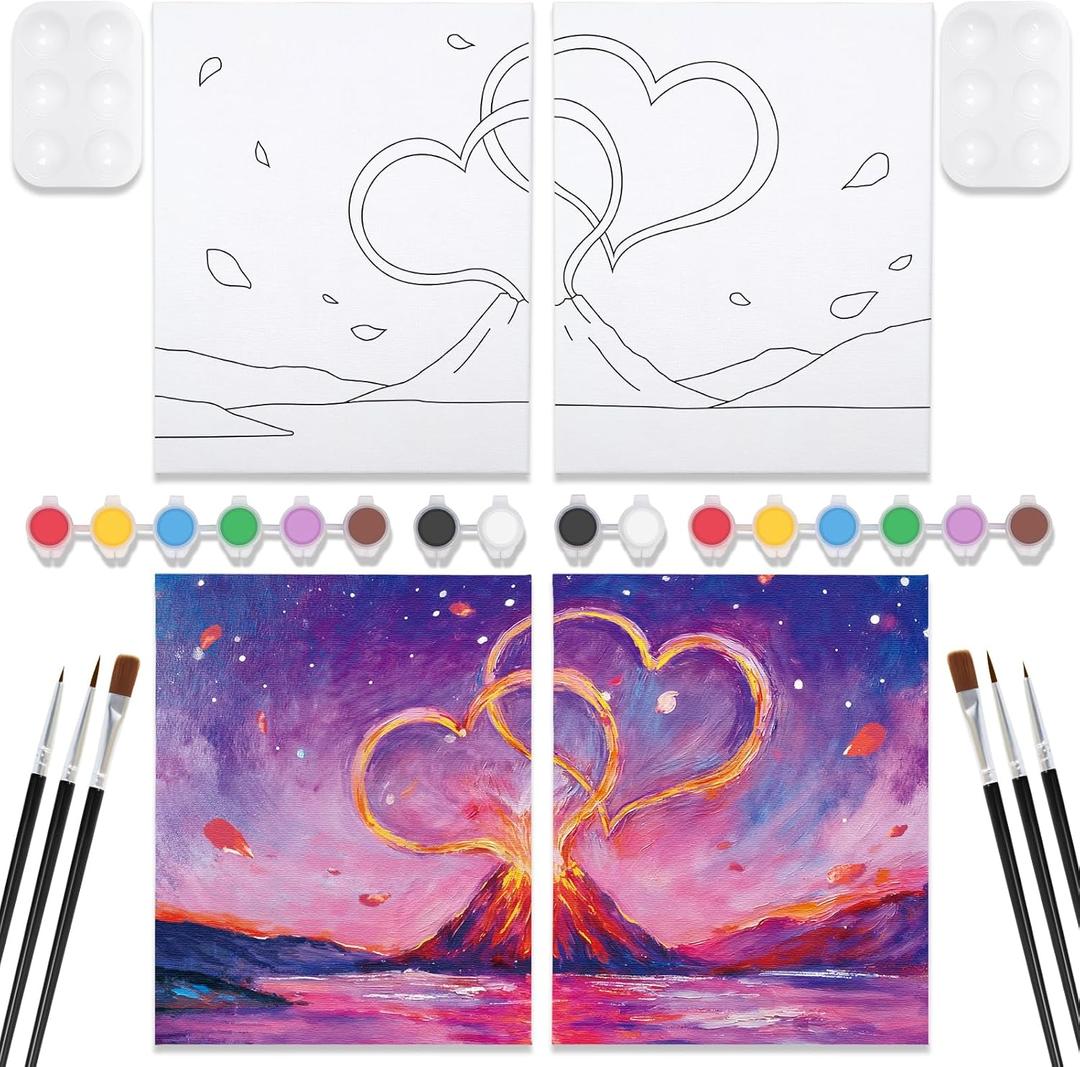 VOCHIC 2 Pack Sip and Paint Kit Pre Drawn Canvas for Painting for Adults Couples Date Night Games Outline Canvas Party Art Set Paints Brushes Pallets Valentine (8x10 Inches, Volcano and Heart)