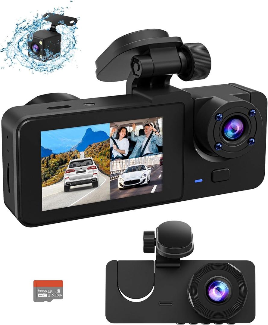 Dash Cam Front and Rear Inside, 4K Full HD Triple Dash Camera for Cars, Car Camera with 32GB Card,Built-in Loop Recording - XGT