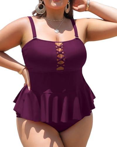 Yonique Plus Size Swimsuits for Women Tummy Control Two Piece Bathing Suits Peplum Tankini Tops High Waisted Swimwear, 14 W