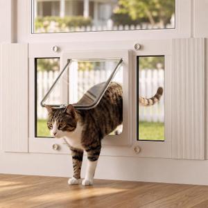 Cat Door for Window, Adjustable 23"-28", 4 Locking Modes + Extra Security Lock for Outside Safety, Window Pet Door with Magnetic Self-Closing, No-Drill Installation, Weatherproof Aluminum Frame Insert