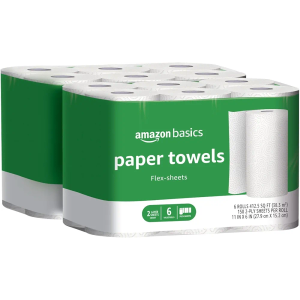 Amazon Basics 2-Ply Flex-Sheets Paper Towels, 12 Basics Rolls = 32 Regular Rolls, Everyday Value with 150 Sheets per Roll