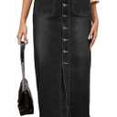 Midi Jean Skirts for Women Button Front High Waisted Stretch Long Denim Skirt with Slit Pockets Black L