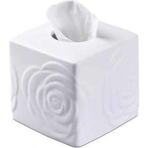 White Ceramic Rose Tissue Box Cover, Carved Flowers Large Square Tissue Box Holder Decorative for Bathroom, Vanity, Kitchen Countertop, Bedroom Night Stands, Office Desk Top (5.8*5.8*5.5)
