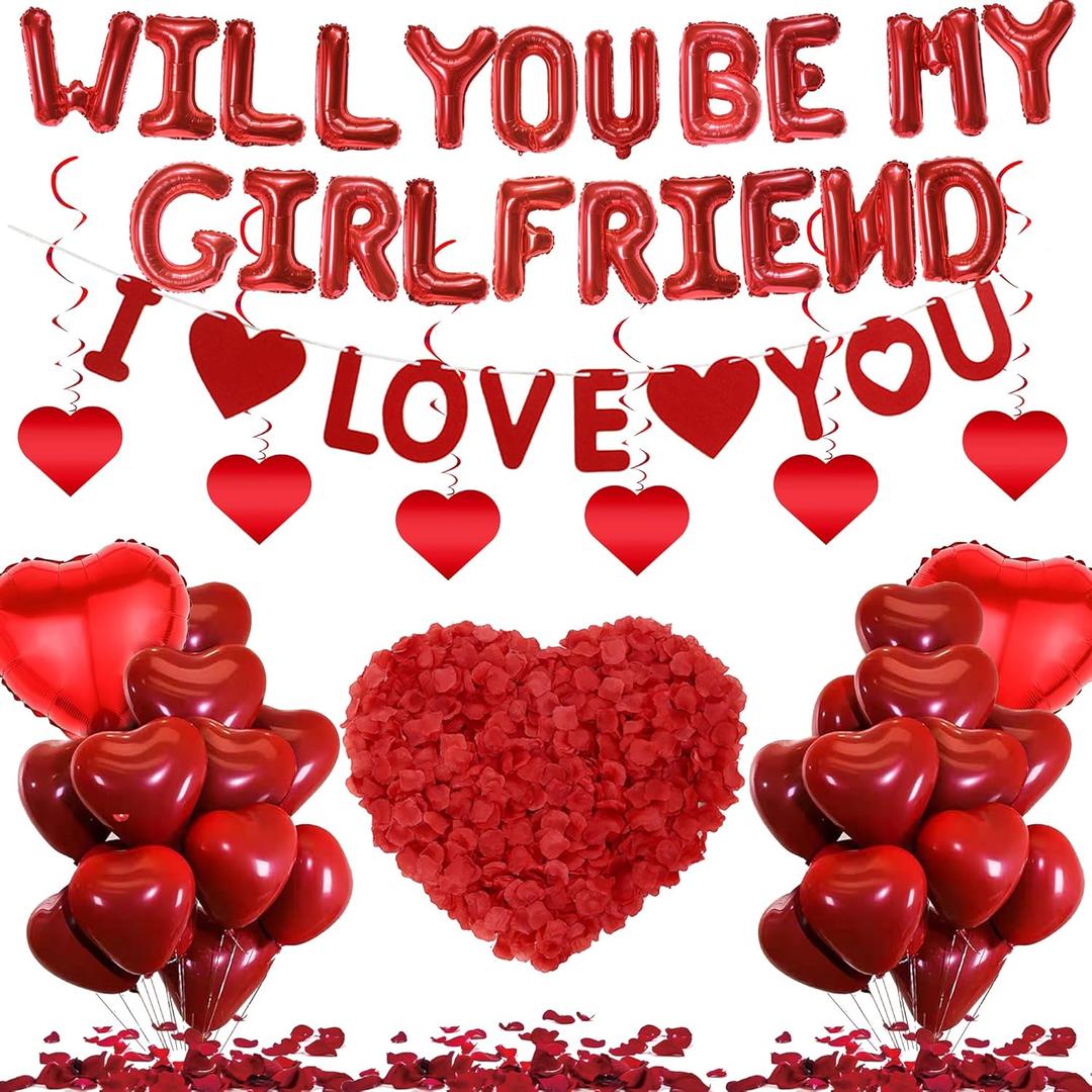 Will You Be My Girlfriend - 59 Pcs Red Proposal Letter Balloons I Love You Banner Foil Heart Balloons Rose Petals Swirls For Romantic Wedding Engagement Valentines Day Bridal Shower Decoration