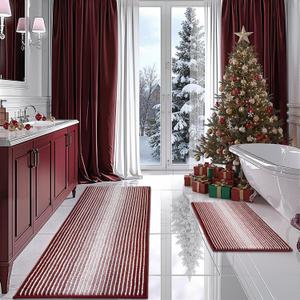 Bathroom Rugs and Mats Sets, 2 Piece Thick Absorbent Chenille Bath Mat Rug Set Non Slip, Soft Shaggy Bath Room Floor Mats for Bathroom, Machine Washable (Burgundy Red, 20" x 60" Plus 20" x 32")