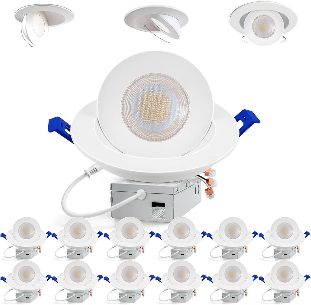 Adetu Recessed Lighting 6 inch, 360+90 Adjustable Directional 6 inch Gimbal Led Recessed Light, 2700K-5000K 5CCT Dimmable Retrofit Eyeball Can Recessed Lights with Jbox, ET (White-12 Pack)
