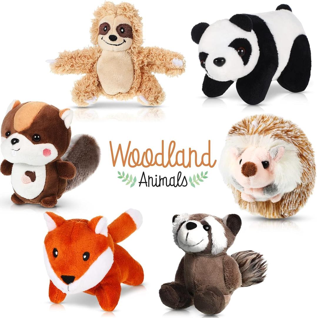 6 Pcs Mini Woodland Stuffed Animal Bulk 4 Inch Small Cute Forest Safari Plush Toys Gifts Panda Raccoon Sloth Big Tail Squirrel Fox Hedgehog for Kids Baby Shower Birthday Party Favors Classroom Prizes