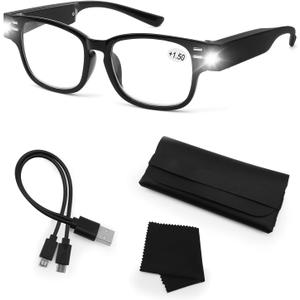 Reading Glasses with Lights Rechargeable Magnifying Glasses Hands Free Magnifier Eyeglasses for Close Work Reading (Black)