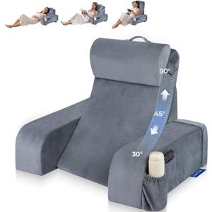 Reading Pillow with 30-90 Stepless Adjustable Angle & Height, 2 in 1 Back Wedge Pillow for Bed Sitting up with Detachable Arms Rest, Backrest Pillow for Reading/Gaming/Working in Bed or Couch, Medium