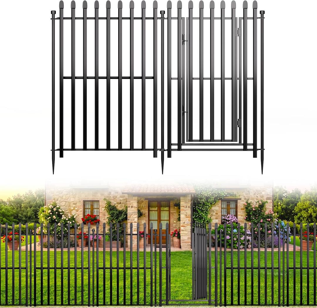 8 Panels No Dig Decorative Garden Fence with Gate, 48in(H) 17.6ft(L) Heavy-Duty Rustproof Metal Panels, Outdoor Dog Barrier for Yard & Patio, Landscape, Border| Portable Temporary Fencing