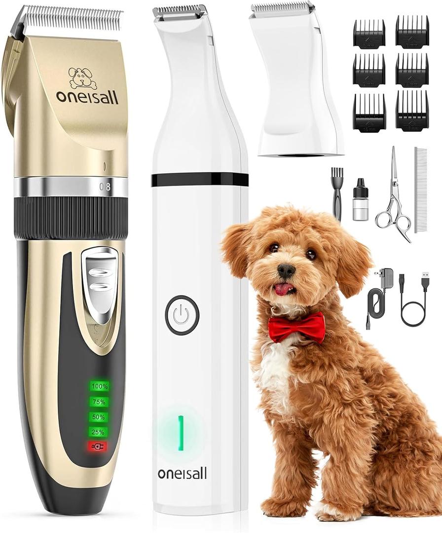 oneisall Dog Clippers and Paw Trimmer Kit 2 in 1 Low Noise Cordless Dog Clippers for Grooming Pet Hair Trimmers for Small and Large Dogs Cats Animals (Gold)