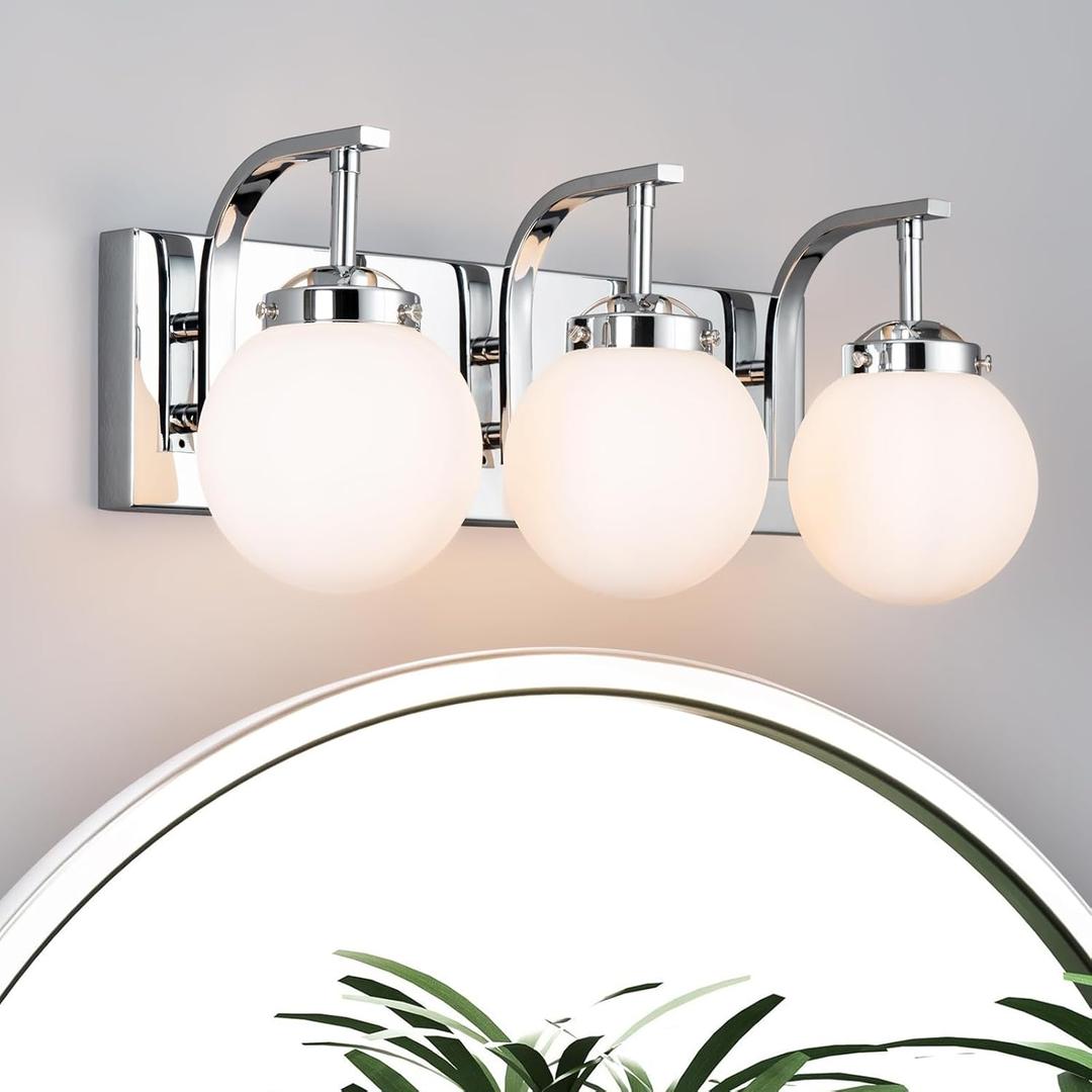 3 Lights Bathroom Vanity Light Fixtures Modern Chrome Vanity Light with Milk White Glass Globe Shade Bathroom Lighting Over Mirror Wall Sconce for Bedroom Living Room Hallway