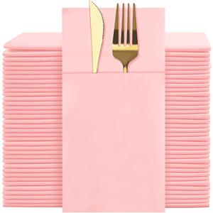 Pink Dinner Napkins Disposable - 50Pack Linen-Feel Paper Napkins with Built-in Flatware Pocket, Prefolded Cloth Like Paper Napkins Bulk For Dinner, Wedding, Party or Everyday Use(Pink)