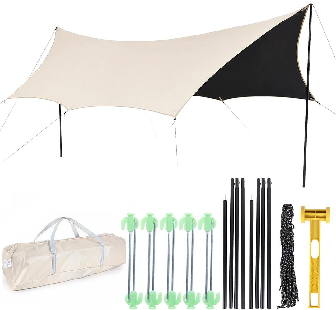 Waterproof Camping Tarp Hammock Rain Fly -14.7×14.7ft with 2 Poles, Mutifunctional Tent UV Protection & Waterproof & Lightweight Tarp, for Camping, Outdoor, Traveling, Hiking (Octagon, Khaki), Octagon 4.5x4.5m