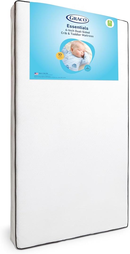 Graco Essentials 6-Inch Dual-Sided Crib & Toddler Mattress Premium Ultra-Soft Baby Crib Mattress Cover for Quiet Sleep, GREENGUARD Gold Certified, Made in the USA, Waterproof Sleep Surface, 2-Sided