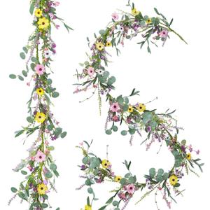 6.5Ft Daisy Garland Spring Flowers Garland Wildflower Garland Mantle Garland with Daisy Lavender Faux Floral Vine Garland for Mantle Baby Shower Wedding Arch Front Door Porch Staircase Decor (1 Pcs)