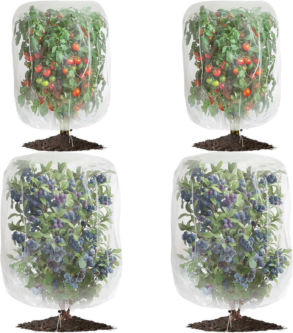 4 Pack Garden Mesh Netting for Plants 2.6x3.3ft - 3.3x4.9ft Insect Bird Netting Pest Barrier Bag with Drawstring 2 Size Fruits Tree Blueberry Bush Netting Cover Bag Protection for Vegetables Tomato