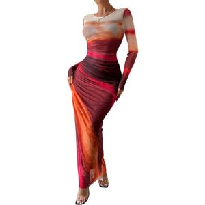 MARZXIN Women Long Sleeve Maxi Dress Bodycon Ruched Formal Slim Fit Tie Dye Dress Formal Mesh Dress (XL)