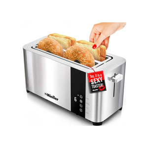 Mueller UltraToast Full Stainless Steel Toaster 4 Slice, Long Extra-Wide Slots for Bagels and Waffles, 6 Browning Levels, LED Display, Cancel/Defrost/Reheat Functions & Removable Tray, Kitchen Gadgets
