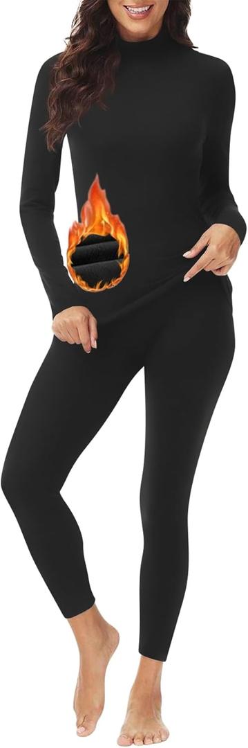 Women's Mock Neck Thermal Underwear Winter Fleece Ultra-Soft Warm Base Layer Set (Black), Small