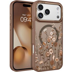 DOMAVER for iPhone 17 Pro Case, Magnetic Phone Case iPhone 17 Pro [Compatible with MagSafe] Slim Fit Flowers Floral Design Shockproof Protective Bumper Women Men Girls Boys Cover- Brown