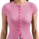 OMKAGI Women Button Down Ribbed Short Sleeve Shirts Fitted Knit Cropped Cardigan Sweaters (Large, 13-pink-white)