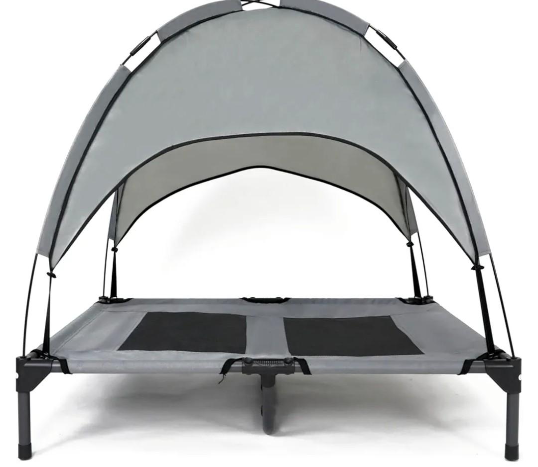 35 Inch Elevated Dog Bed with Canopy, Waterproof & Breathable Medium Cooling Dog Bed with Removable Shade Tent for Camping, Beach, Backyard, Grey
