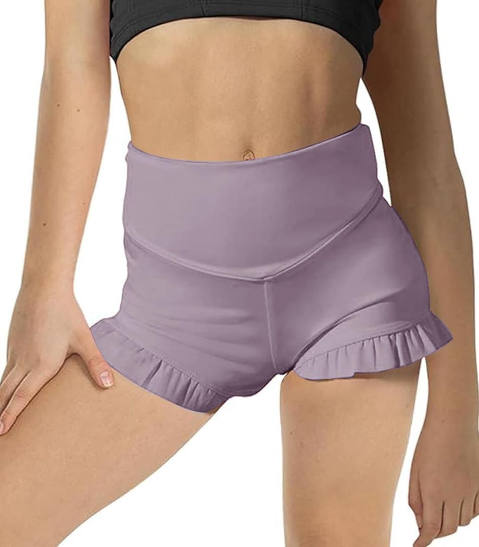 Girls Athletic Shorts High Waisted Ruffle Dance Shorts Yoga Workout Running Shorts (5-6 Years, Purple)