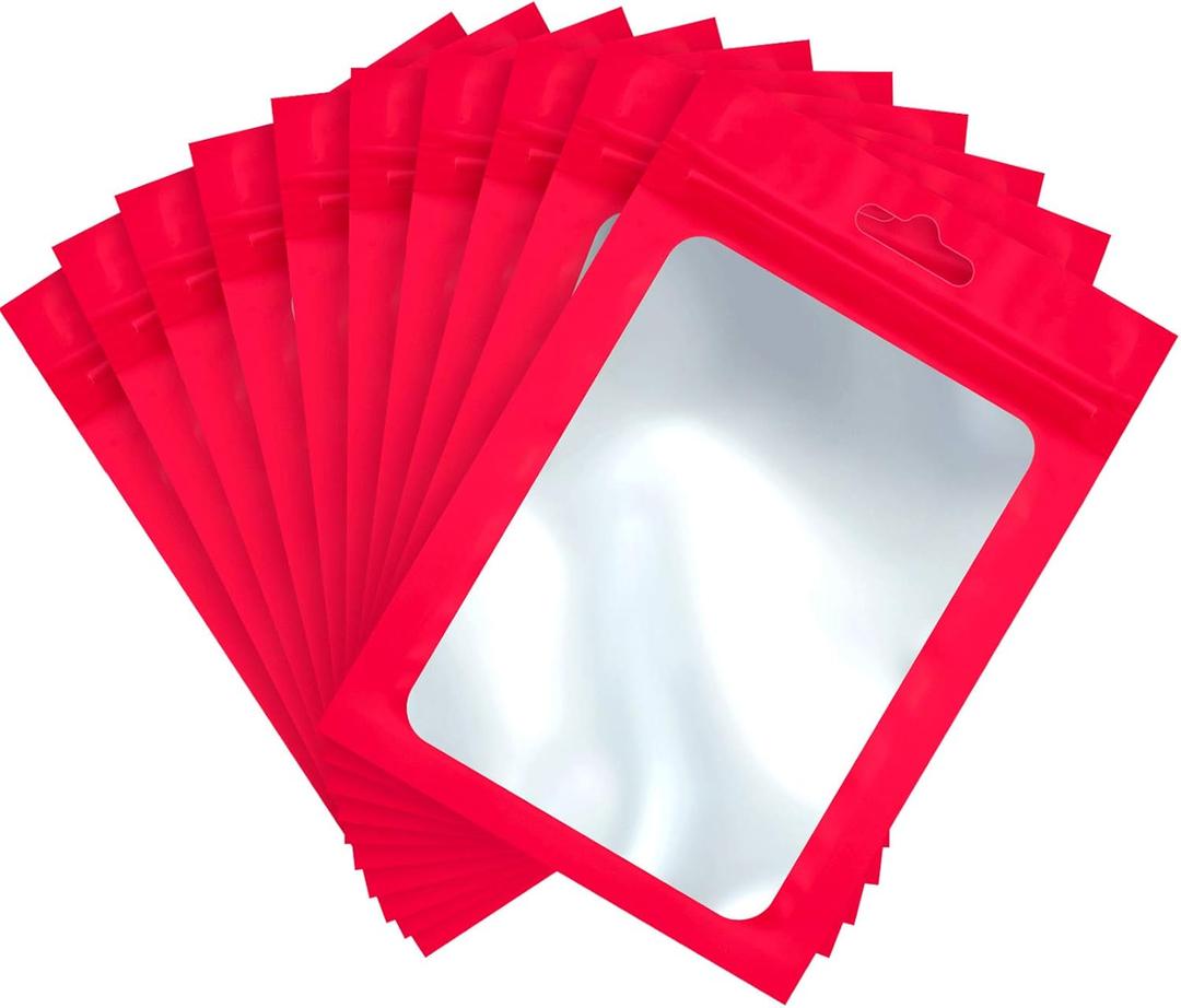 Boao 100 Pieces Resealable Foil Food Storage Bags with Clear Window Coffee Beans Candy Packaging Pouch for Food Small Business Supplies for Jewelry Self Sealed Storage Bags(5.1 x 8.3 Inch,Red)