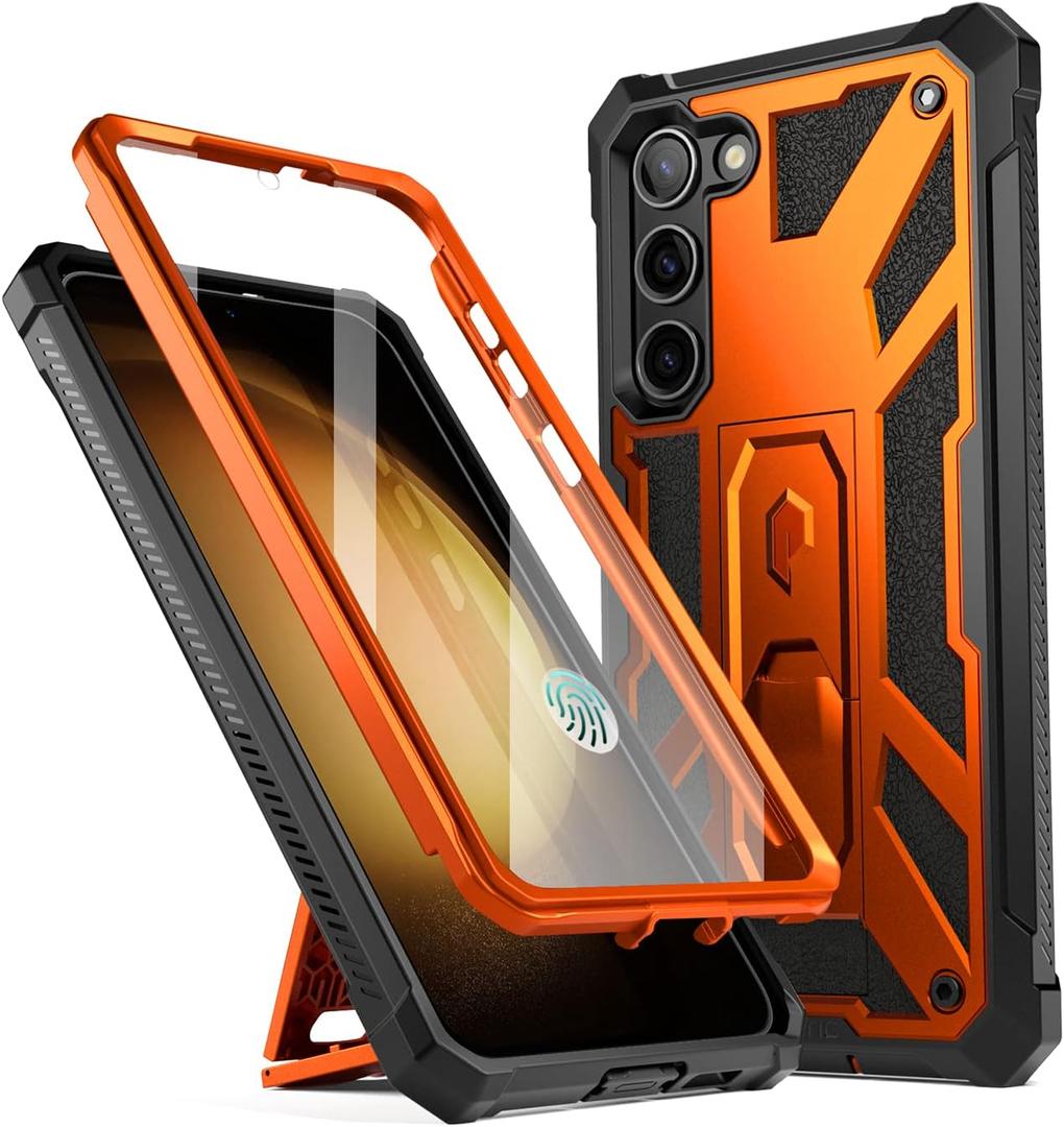 Poetic Spartan Case for Samsung Galaxy S23+ Plus 5G 6.7 inch, Built-in Screen Protector Work with Fingerprint ID, Full Body Rugged Shockproof Protective Cover Case with Kickstand, Metallic Orange