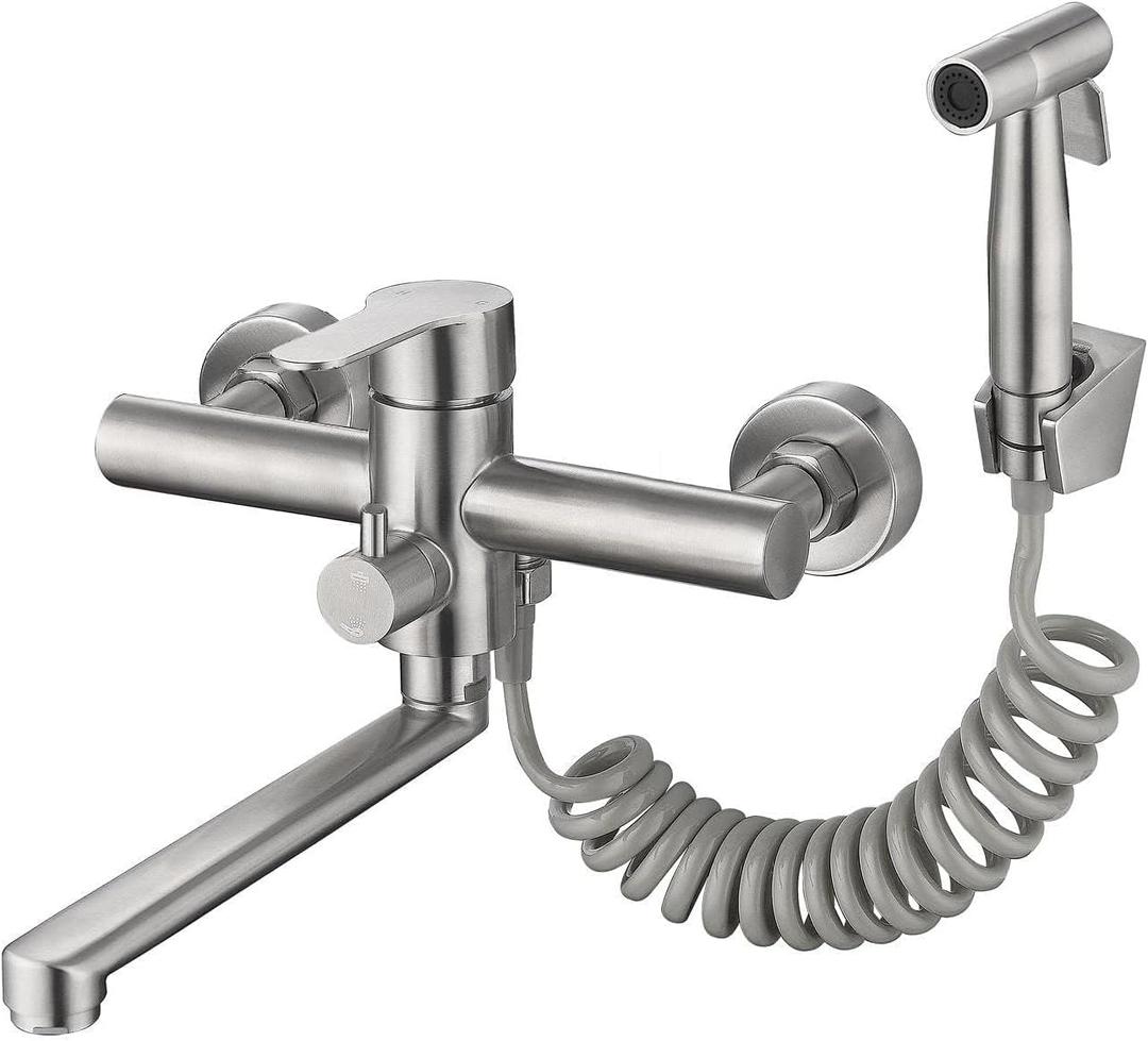 Wall Mount Kitchen Sink Faucet with Side Sprayer, Commercial Faucet, Nickel Brushed Unility Sink Faucet, Mixer Tap, 7.7-8.3 Inches Center, Lead-Free, Spout Reach 9.2"