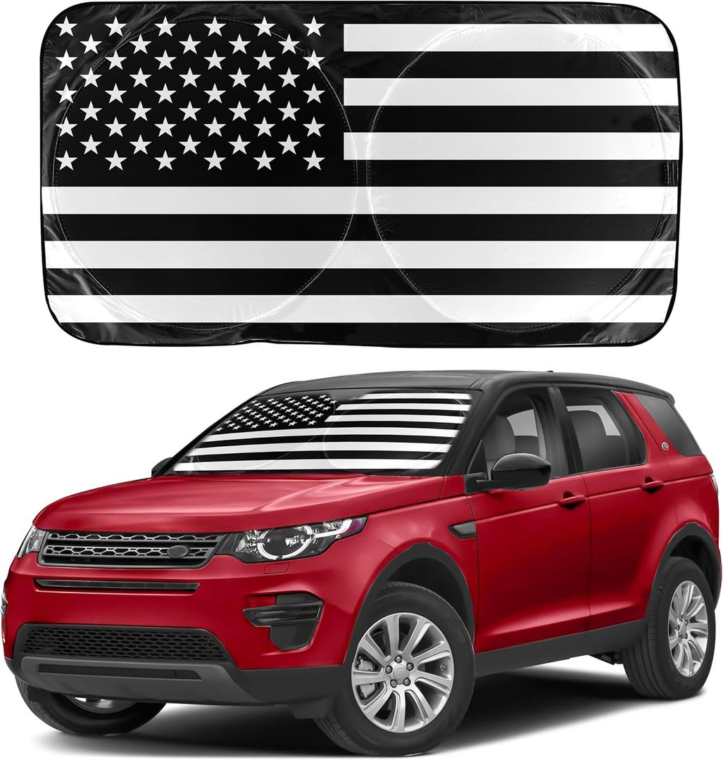 EcoNour Car Windshield Sun Shade  B&W American Flag USA Patriotic Design 240T Polyester Foldable Front Window Shade for SUV & Trucks  UV Ray Blocker  Medium (64x32 Inch) Sun Protector