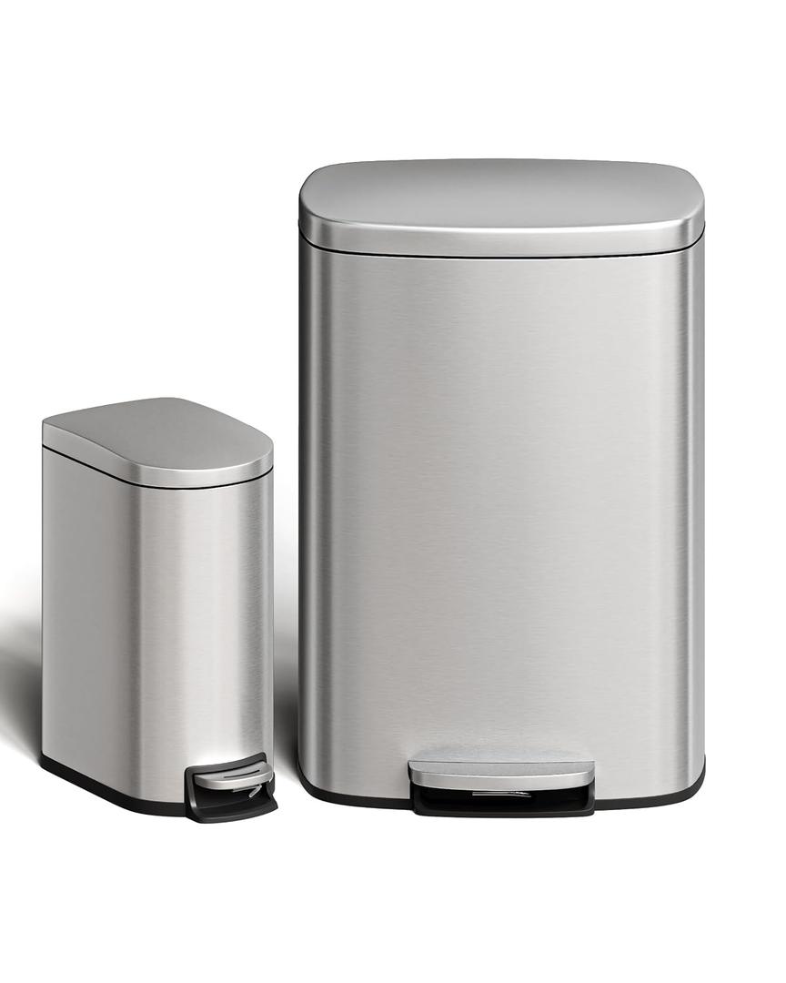 Garvee 13 gal (50 L) and 2.6 gal (10 L) Stainless Steel Trash Can Combo Set, Rustproof Garbage Can with Lid for Kitchen and Bathroom, Step-on Trash Bin with Inner Bucket, Rear Handle, Silver