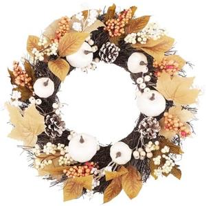 TaoQ C 17" Thanksgiving Wreath Fall Harvest Wreath Autumn Front Door Wreath with White Pumpkins Pine Cones Berries Maple Leaves for Outside Indoor Thanksgiving Autumn Fall Harvest Home Decor