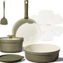 Carote 9pcs Ceramic Cookware Set with Detachable Handles, Pots and Pans Set Non Stick, RV Kitchen Cooking Pot and Pan, Dishwasher Safe, Non-toxic Induction Cookware PFAS and PFOA Free, Green