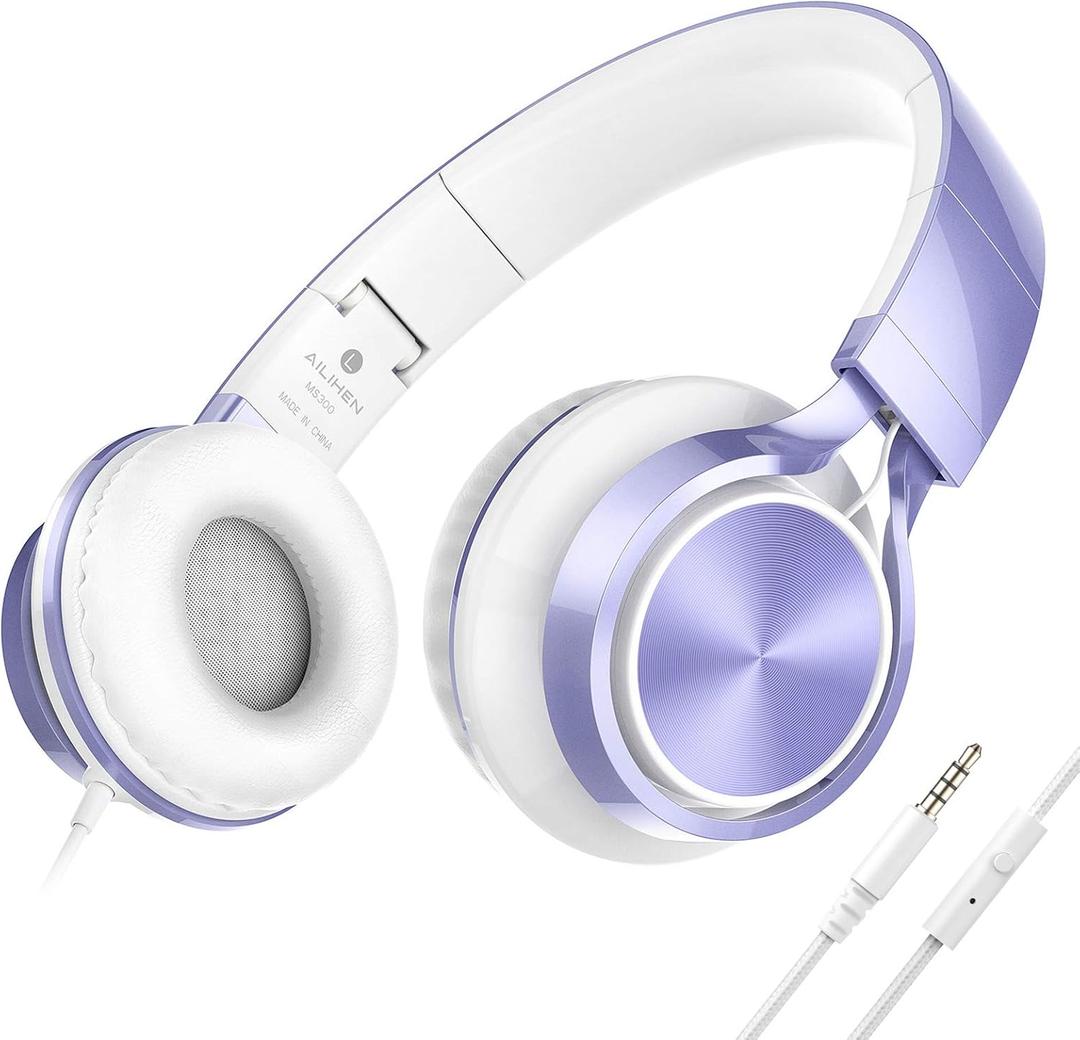 AILIHEN Kids Headphones for School Boys, Headphones with Microphone for Chromebook Laptop Computer Smartphone, 3.5mm Foldable Lightweight Headset for Teen Teenager (Violet) (Medium)
